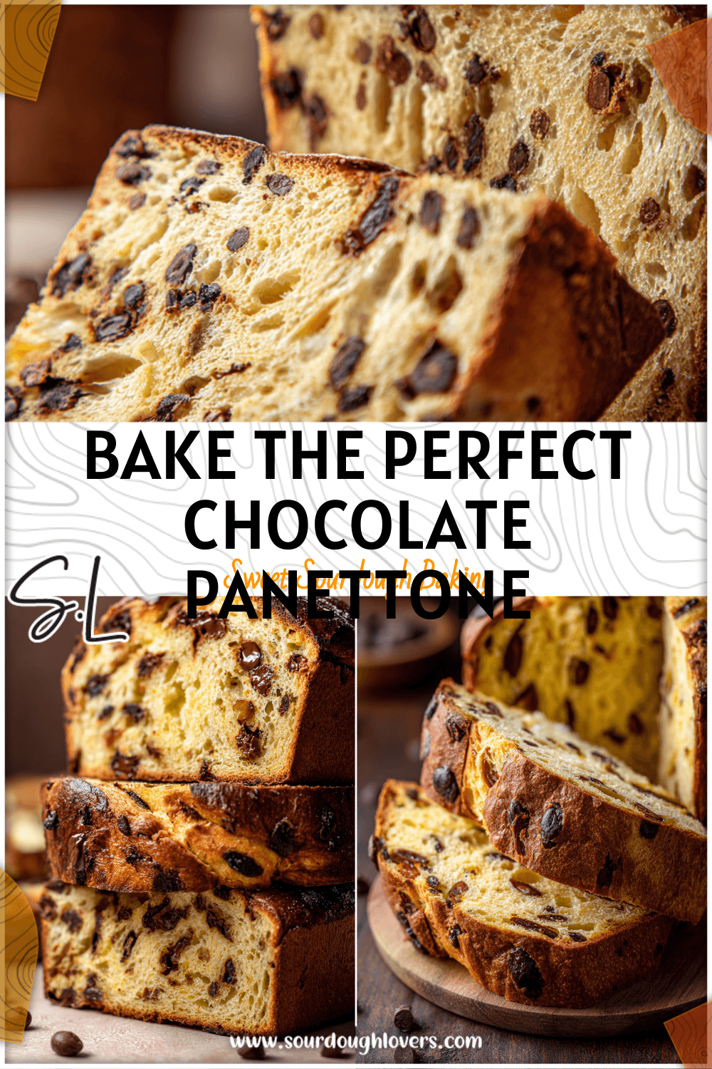 Golden sourdough chocolate chip panettone sliced open showing fluffy layers and melted chocolate pieces.